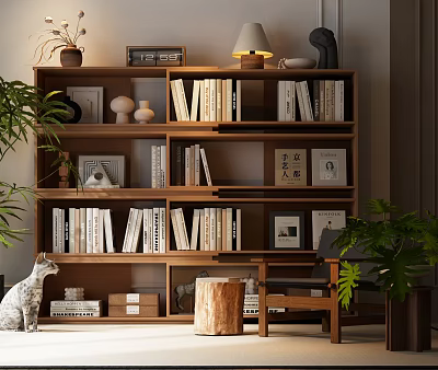 Wooden Bookcase Interior With Multi Shelves Books Decorative Items And Potted Plants 3d model