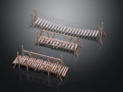 Three Different Sizes Wooden Suspension Bridge Models With Rope And Plank Structure On Dark Background 3d model