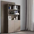 Stylish Modern Display Cabinet Featuring Layered Shelves With Decorative Vases Books And Artworks