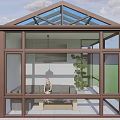 Bright Sunroom Interior With Glass Windows Roof Sofa Table Plants Green Lawn And Mountains