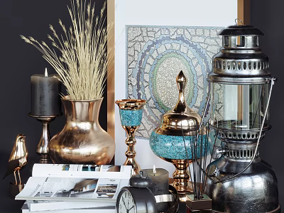 Vintage Style Decorative Ornament Set With Brass Vase Dried Grass Bird Figurine And Lantern 3d model