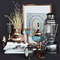 Vintage Style Decorative Ornament Set With Brass Vase Dried Grass Bird Figurine And Lantern