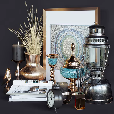 Vintage Style Decorative Ornament Set With Brass Vase Dried Grass Bird Figurine And Lantern 3d model