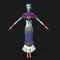 Woman With Purple Hair And Teal Skin In Purple Dress With White Decorative Bottom