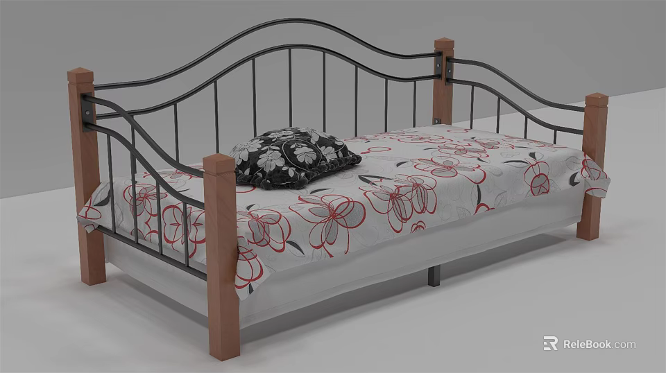 Single Bed with Black Metal Frame Wooden Posts and Floral Pattern Bedding Pillow 3d model 