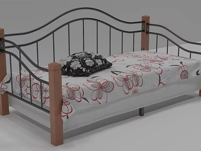 Single Bed with Black Metal Frame Wooden Posts and Floral Pattern Bedding Pillow 3d model