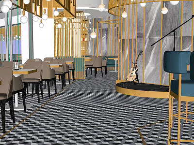 Elegant Modern Restaurant Interior With Checkered Floor Pendant Lights And Guitar Decor 3d model