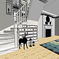 White Staircase With Railing Near Fireplace And Decorative Paintings On Wooden Flooring
