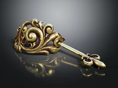 Vintage Golden Key Shaped Jewelry With Intricate Scroll Patterns And Floral Accents 3d model