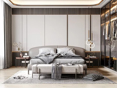 Modern Bedroom Interior Design With Upholstered Headboard Gray Bedding And Round Pendant Lights 3d model