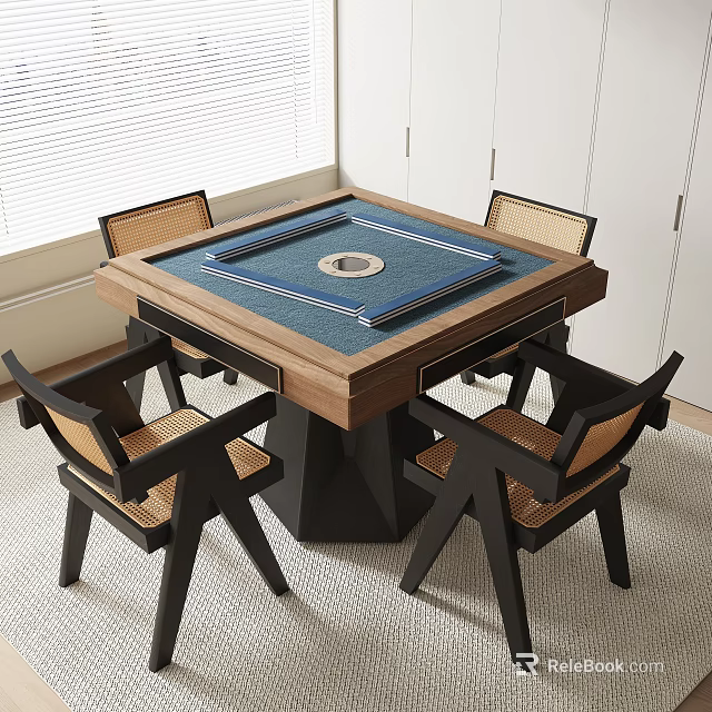 Square Wooden Entertainment Table with Blue Top and Four Rattan Chairs 3d model 