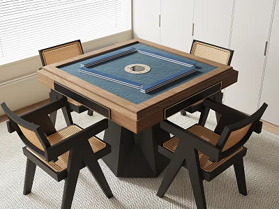 Square Wooden Entertainment Table with Blue Top and Four Rattan Chairs 3d model