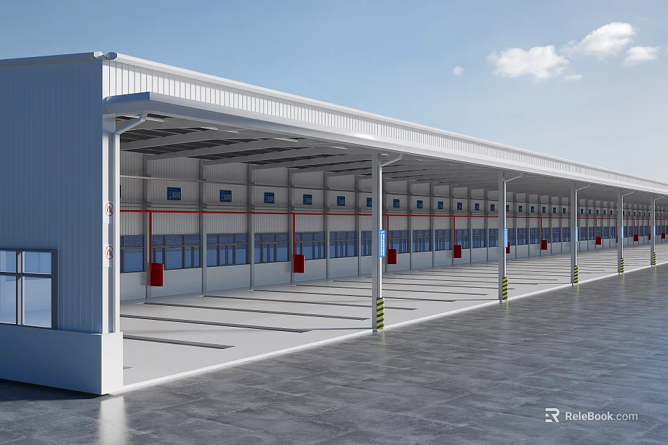 Long Industrial Building Canopy Covering Multiple Parking Spaces With Support Columns 3d model