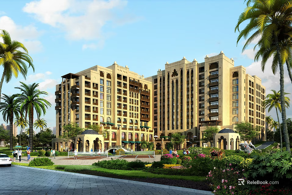 Elegant Office Building Exterior With Classical Design Landscaped Gardens Palm Trees And Fountains 3d model 