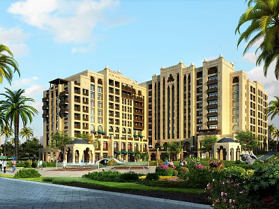 Elegant Office Building Exterior With Classical Design Landscaped Gardens Palm Trees And Fountains 3d model