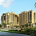 Elegant Office Building Exterior With Classical Design Landscaped Gardens Palm Trees And Fountains