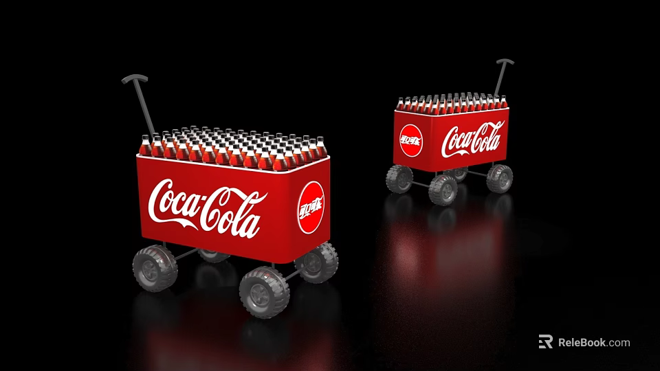 Coca Cola Red Cart Filled With Bottles Featuring Brand Logo On Wheels 3d model 