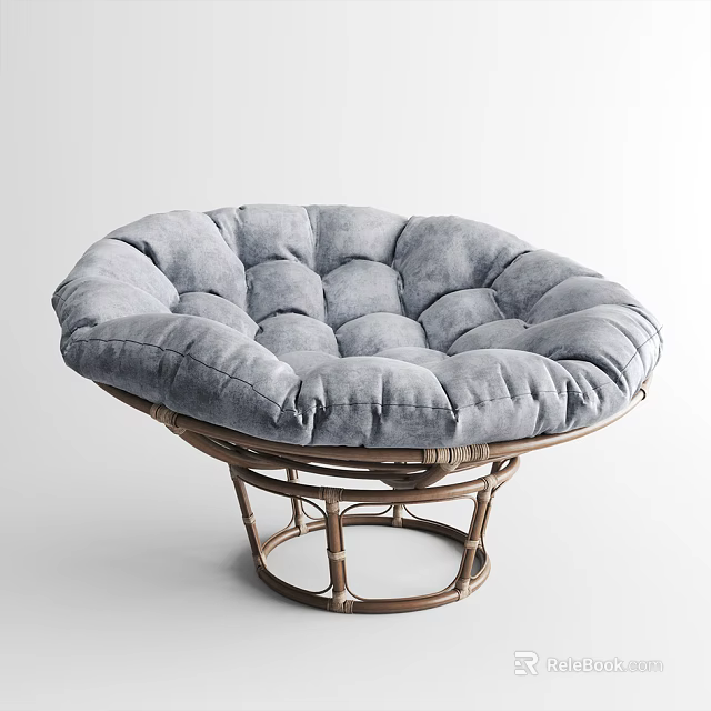Comfortable Round Lounge Chair With Plush Grey Tufted Cushion And Rattan Frame 3d model 