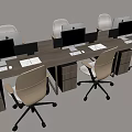 Modern Office Desk with Multiple Computer Monitors White Office Chairs Wooden Surface and Drawer Cabinets