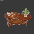 Stylish Wooden Coffee Table With Double Round Top Potted Plant Teapot And Tea Cups