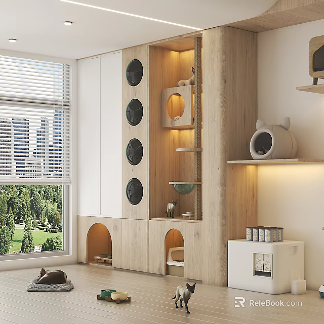 Home Balcony With Wooden Storage Cabinet Circular Holes Cat Climbing Frame And City Park View 3d model 