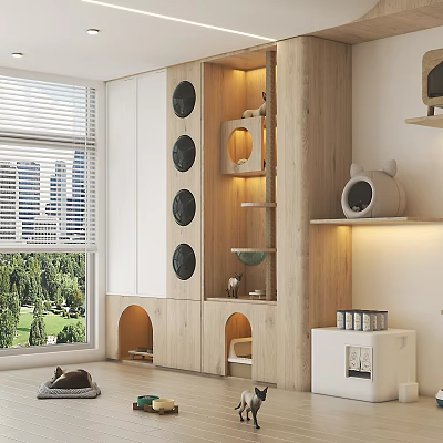 Home Balcony With Wooden Storage Cabinet Circular Holes Cat Climbing Frame And City Park View 3d model