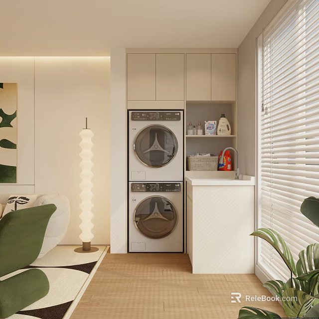 Modern Balcony Cabinetry Design With Washing Machine Dryer And Storage Area 3d model 