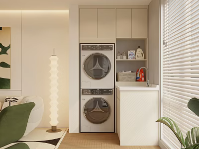 Modern Balcony Cabinetry Design With Washing Machine Dryer And Storage Area 3d model