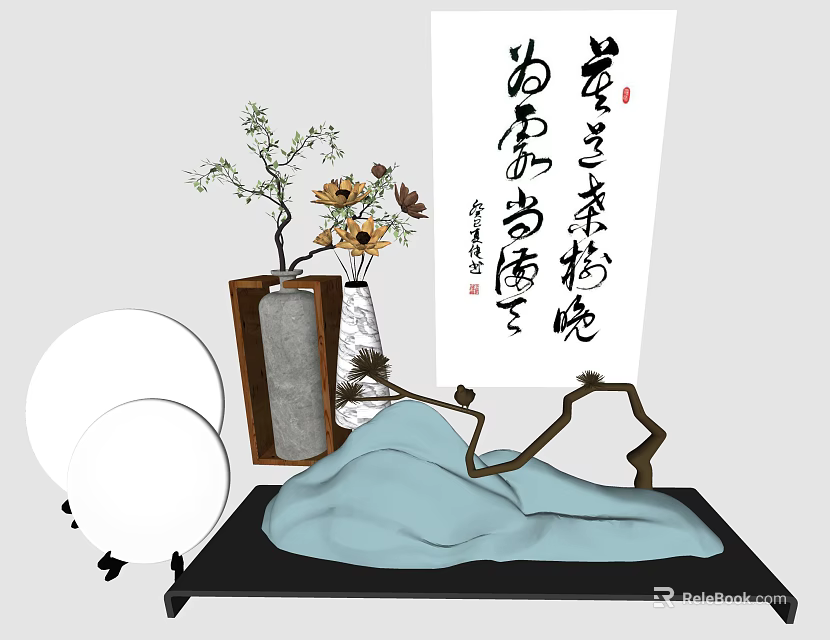 Decorative Ornament Set With Vase Flower Branches Calligraphy Scroll And Light Blue Cloth 3d model 