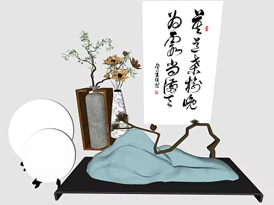 Decorative Ornament Set With Vase Flower Branches Calligraphy Scroll And Light Blue Cloth 3d model