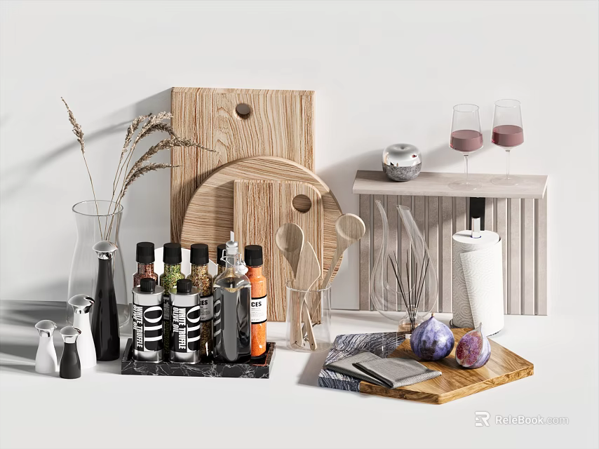 Essential Kitchen Utensils with Wooden Cutting Board Spice Bottles Knives and Marble Tray 3d model 