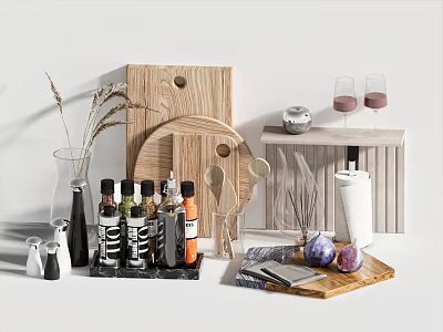 Essential Kitchen Utensils with Wooden Cutting Board Spice Bottles Knives and Marble Tray 3d model