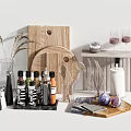 Essential Kitchen Utensils with Wooden Cutting Board Spice Bottles Knives and Marble Tray