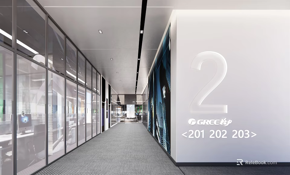 Office Corridor With Glass Partitions GREE Logo 2 Gray Carpet Room Numbers 201 202 203 3d model 
