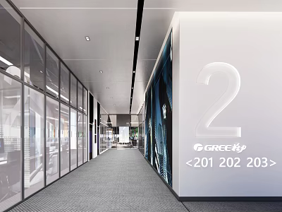 Office Corridor With Glass Partitions GREE Logo 2 Gray Carpet Room Numbers 201 202 203 3d model