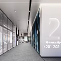Office Corridor With Glass Partitions GREE Logo 2 Gray Carpet Room Numbers 201 202 203