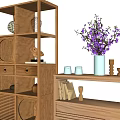 Natural Wooden Decorative Cabinets With Shelves Drawers Purple Flowers And Books
