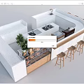 Modern Bar Counter Design With White Countertop Wooden Stools Green Plant And Display Case