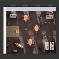 Cartoon Scene of Vintage Interior with Arched Windows Columns Red Tables and Bar Counter