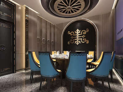 Elegant Chinese Style Private Dining Room With Round Table Blue Yellow Chairs Ornate Ceiling Decorations 3d model