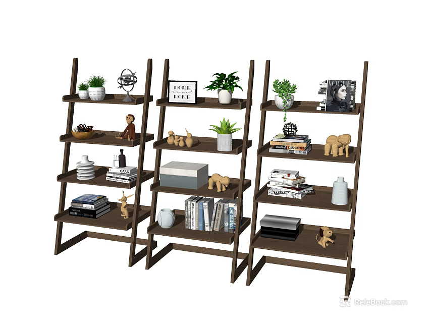 Modern Multi tiered Bookcase With Potted Plants Books Decorative Figurines Photo Frames And Storage Boxes 3d model 