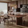 Modern Dining Chairs With Wooden Table And Minimalist Kitchen Interior Design 3d model
