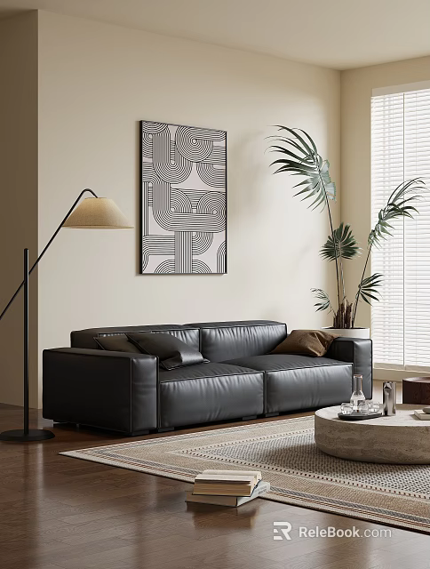 Black Leather Sofa and Coffee Table Set With Floor Lamp Potted Plant and Wall Art 3d model 