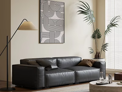 Black Leather Sofa and Coffee Table Set With Floor Lamp Potted Plant and Wall Art 3d model