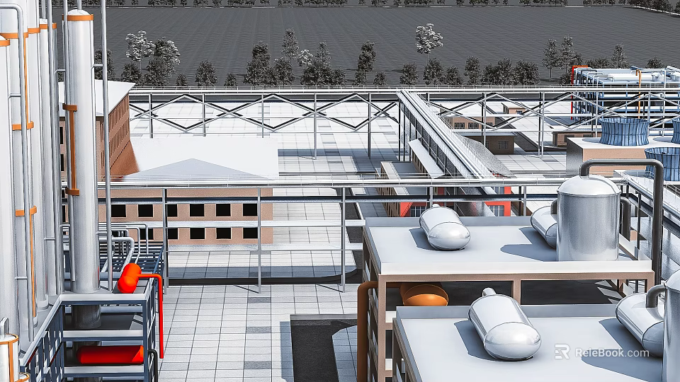 Modern Industrial Factory Building With Metal Roof Frames Storage Tanks And Surrounding Trees 3d model 