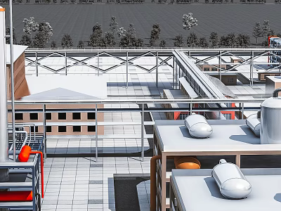 Modern Industrial Factory Building With Metal Roof Frames Storage Tanks And Surrounding Trees 3d model