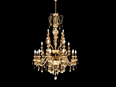 Ornate Golden Chandelier With Intricate Design Candle Shaped Lights And Crystal Pendants 3d model