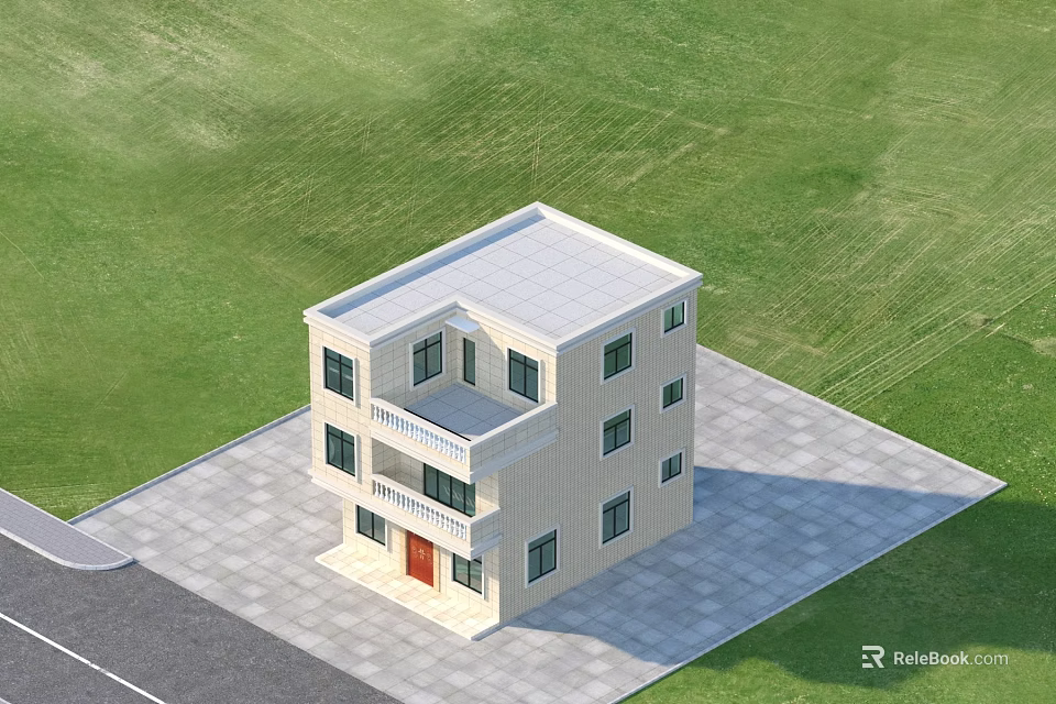 Detached Villa With Light Exterior Multiple Windows Red Door Balcony On Green Lawn 3d model 