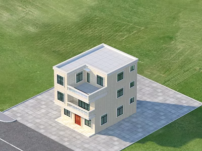 Detached Villa With Light Exterior Multiple Windows Red Door Balcony On Green Lawn 3d model