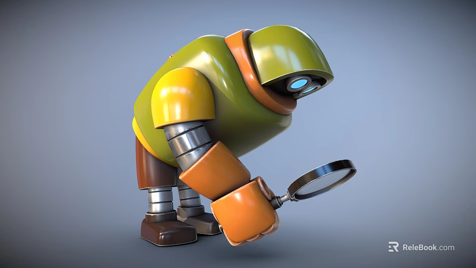 Green Yellow Robot Character Holding Magnifying Glass 3d model 